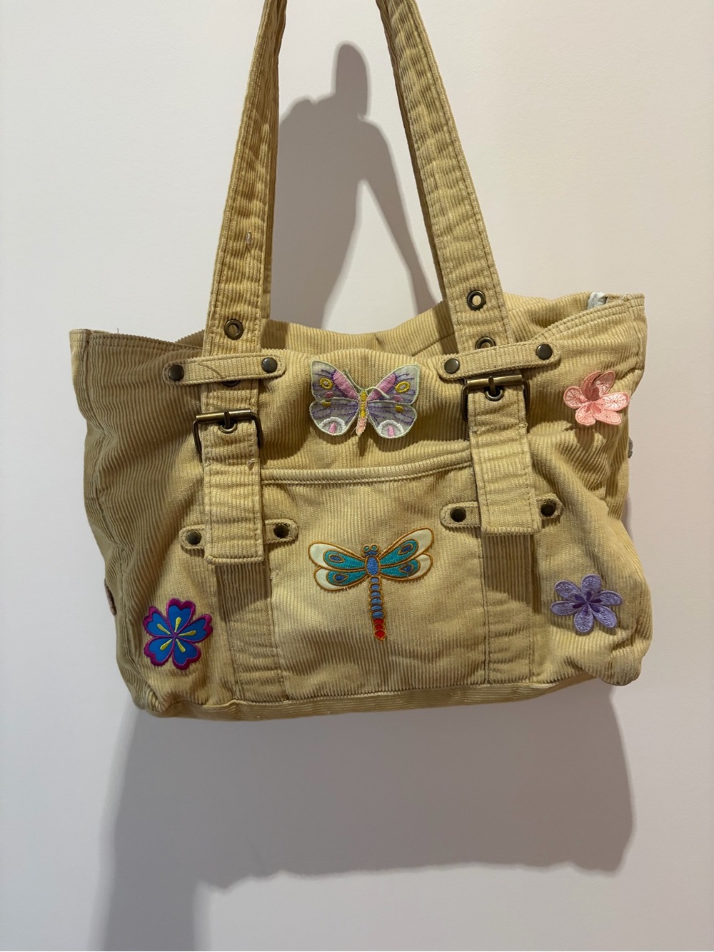 Y2K Corduroy Butterfly Dragonfly Animals Floral Patch Tote Bag in Tan Beige